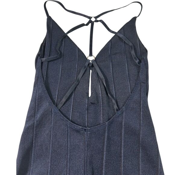 My Place Navy Cutout Stretch Bodysuit Ribbed Strappy Crisscross Ring Sz PP - Picture 3 of 8